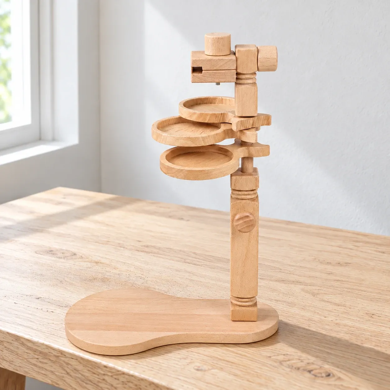 Beech embroidery stand with three round trays on a wooden table